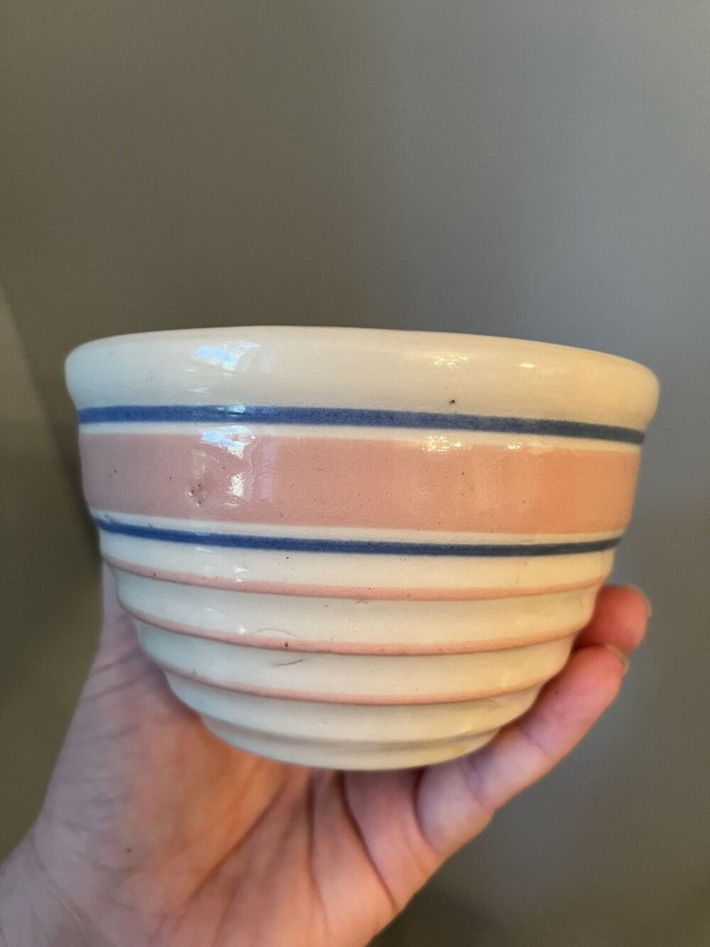 Antique Vintage Stoneware Yellow Ware Beehive Mixing Bowl Pink Blue Stripes Smal
